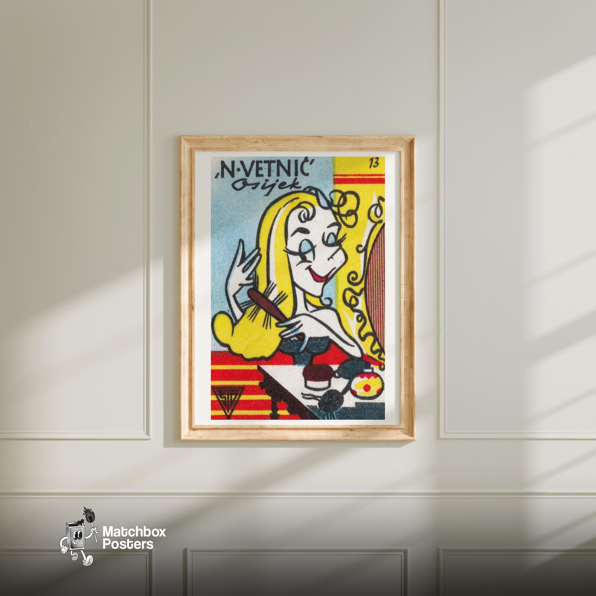 Blonde Woman Brushing Hair - vintage matchbox label print - bedroom mockup