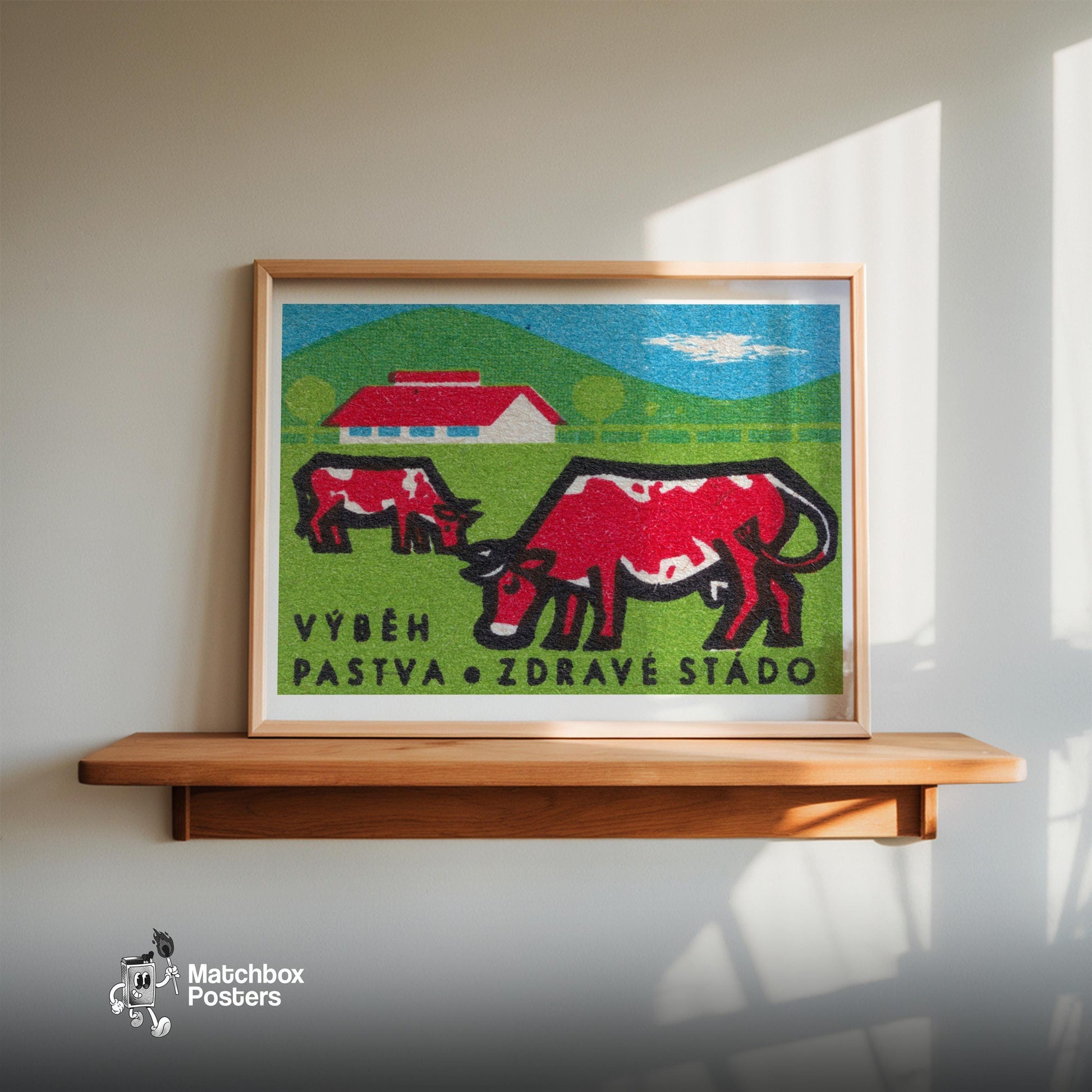 Grazing Cows - vintage matchbox label print - size comparison