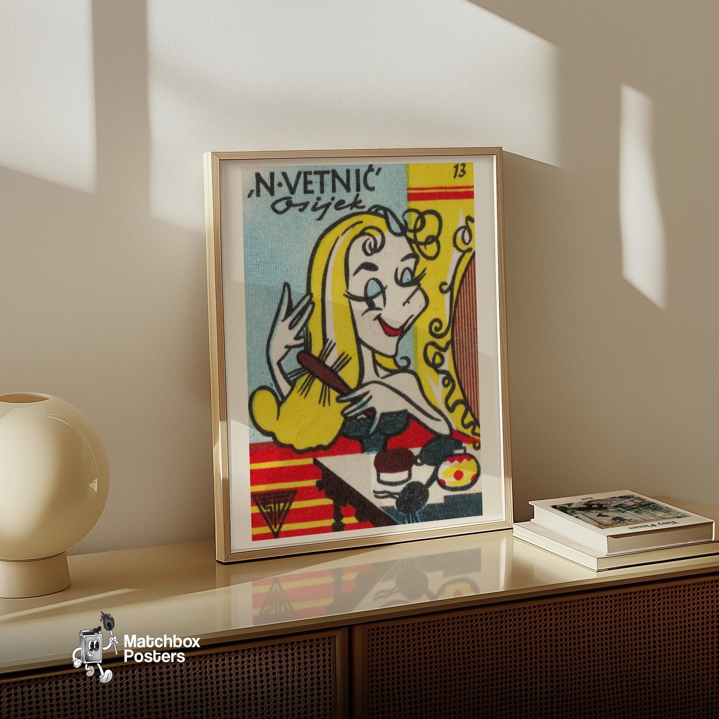 Blonde Woman Brushing Hair - vintage matchbox label print - size comparison