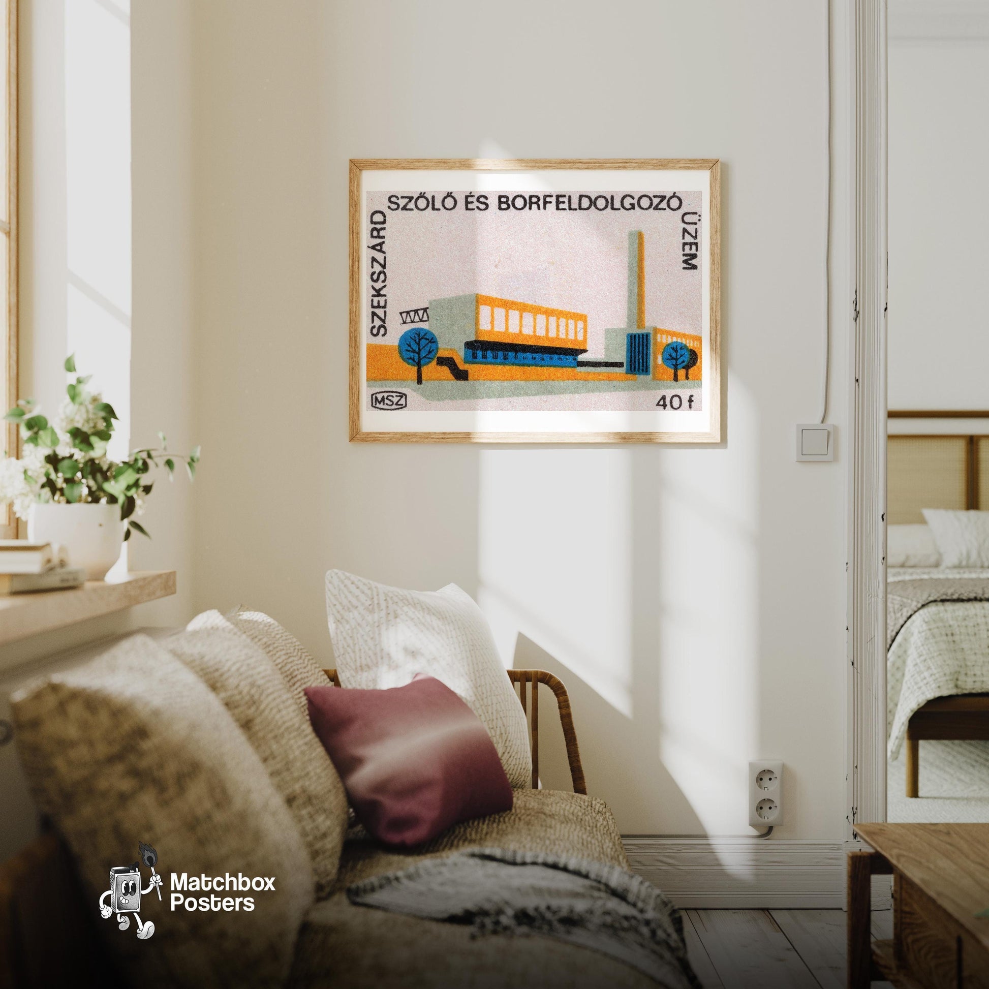 Industrial Building - vintage matchbox label print - living room mockup