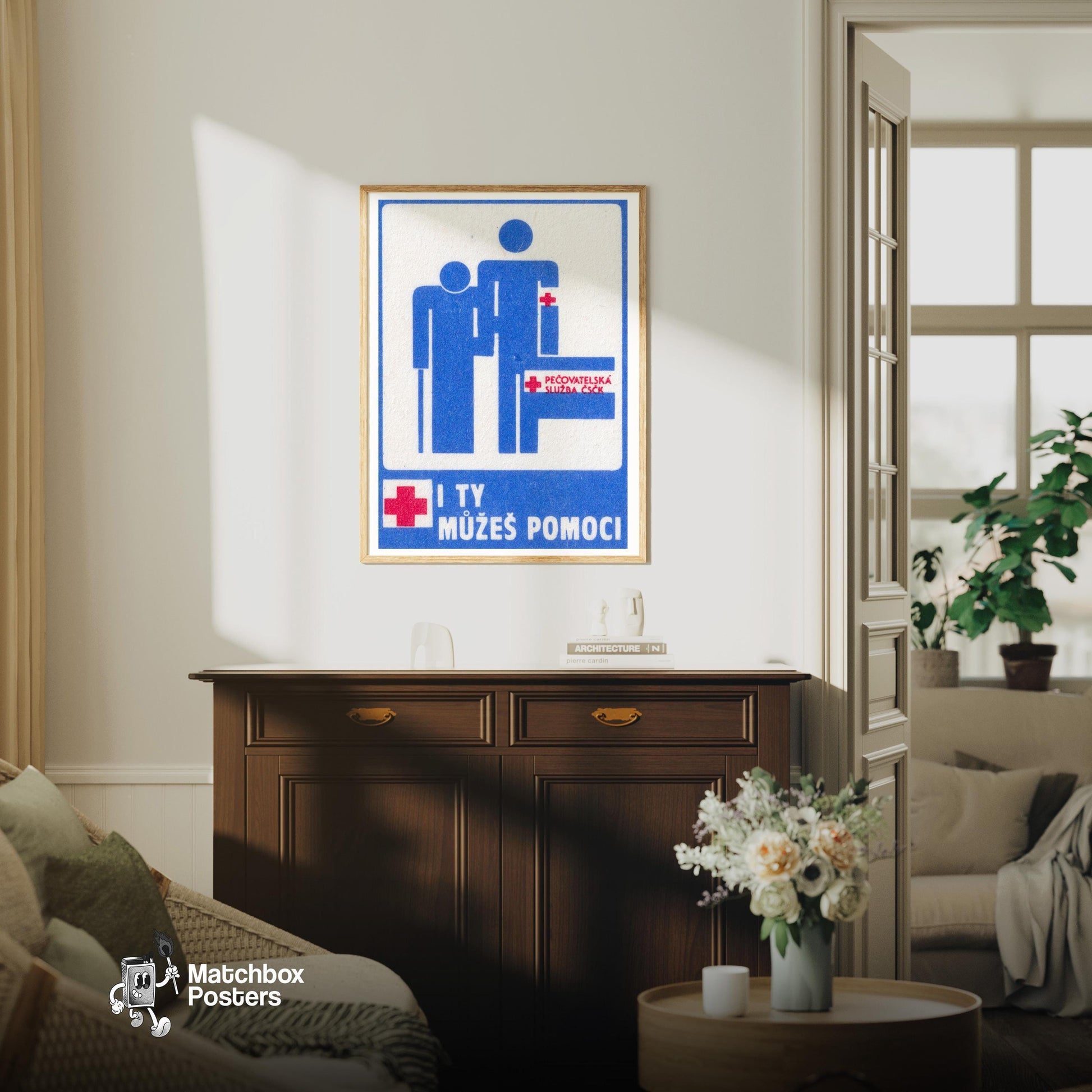 You Can Help - vintage matchbox label print - living room mockup