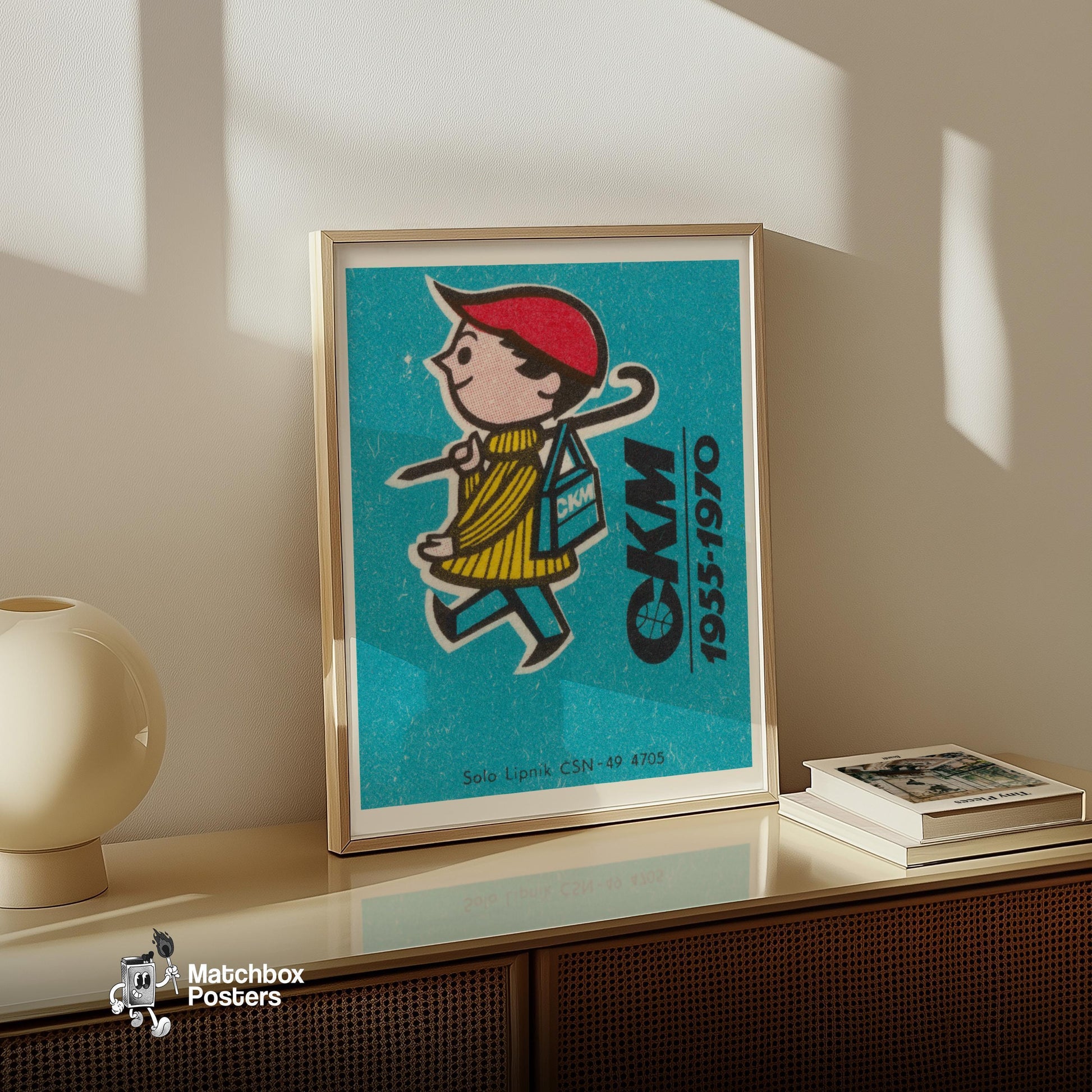 Boy Walking to School - vintage matchbox label print - size comparison