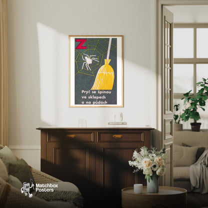 Clean Spiders - vintage matchbox label print - living room mockup