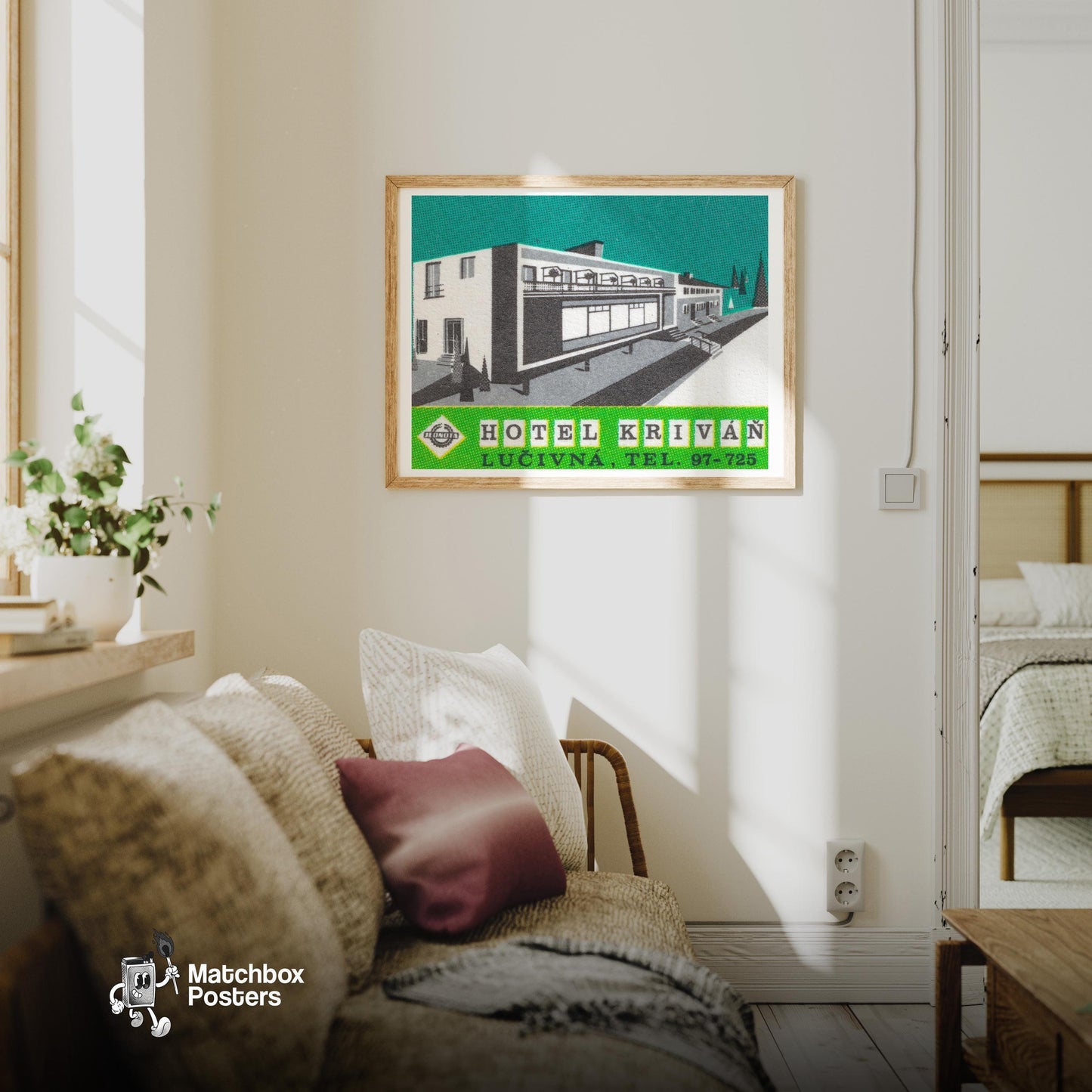 Hotel Krivan - vintage matchbox label print - living room mockup