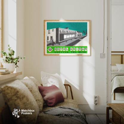 Hotel Krivan - vintage matchbox label print - living room mockup