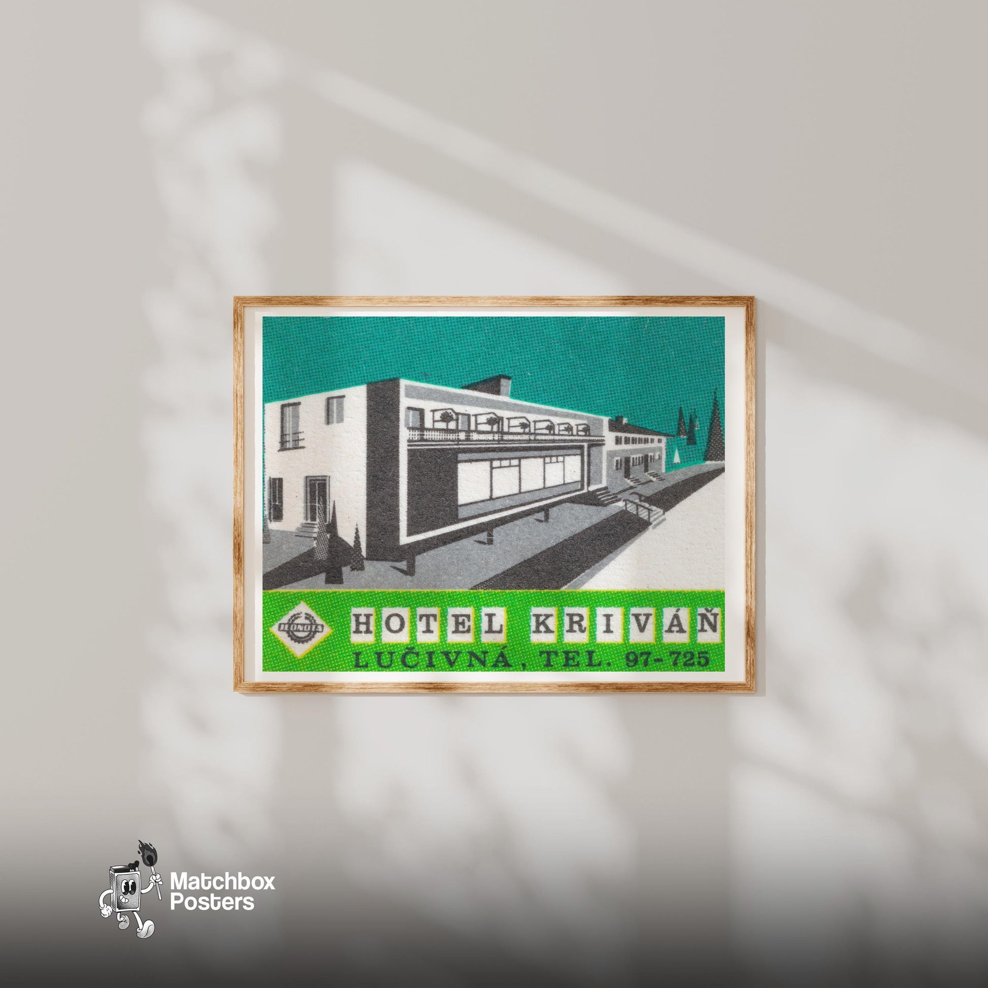Hotel Krivan - vintage matchbox label print - bedroom mockup