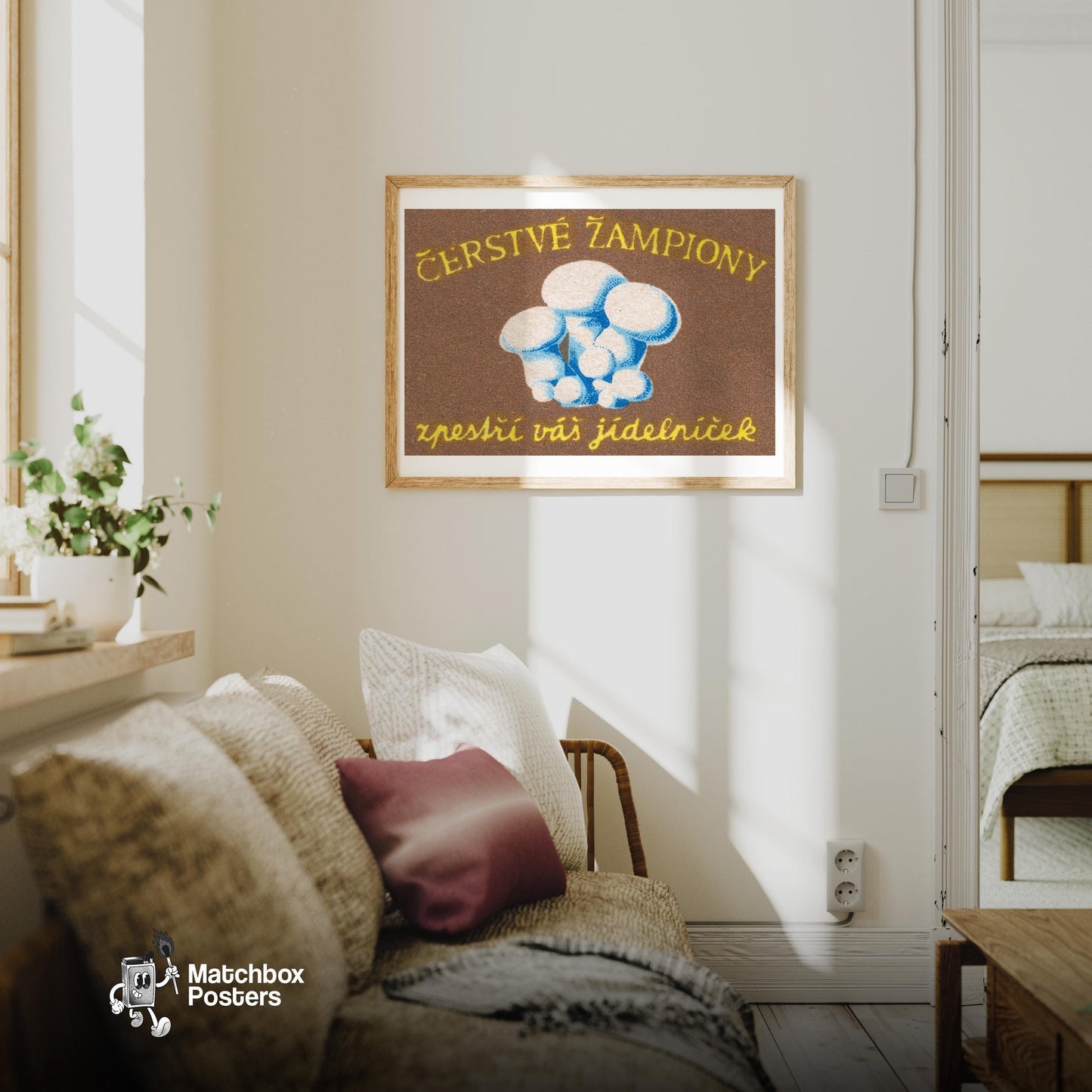 Mushrooms - vintage matchbox label print - living room mockup