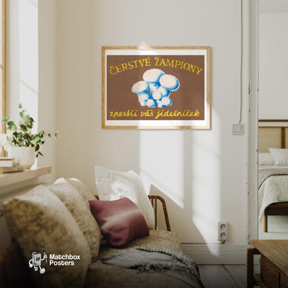 Mushrooms - vintage matchbox label print - living room mockup