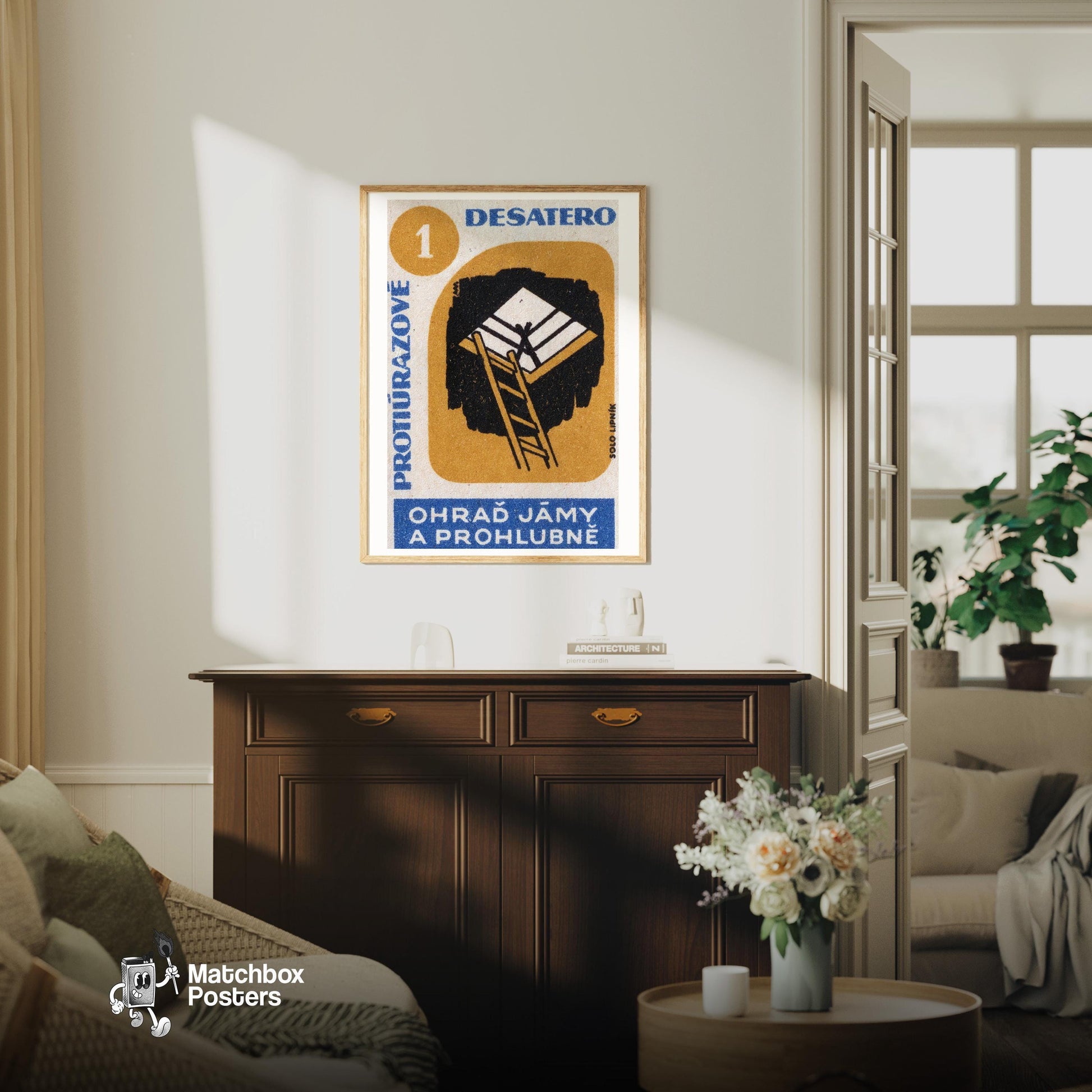 Beware Deep Pits - vintage matchbox label print - living room mockup