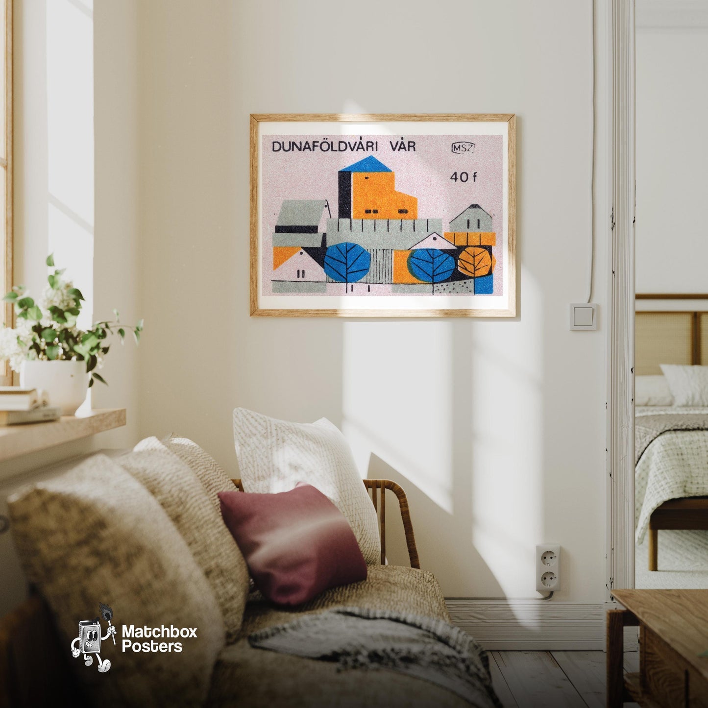 Blue and Orange Village - vintage matchbox label print - living room mockup