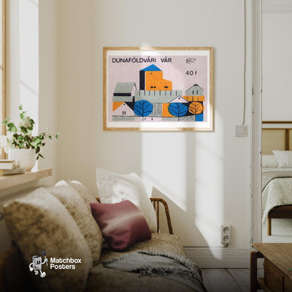 Blue and Orange Village - vintage matchbox label print - living room mockup