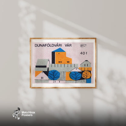 Blue and Orange Village - vintage matchbox label print - bedroom mockup