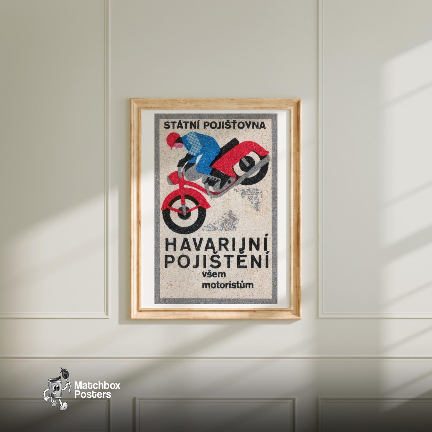 Motrocycle Crash - vintage matchbox label print - bedroom mockup