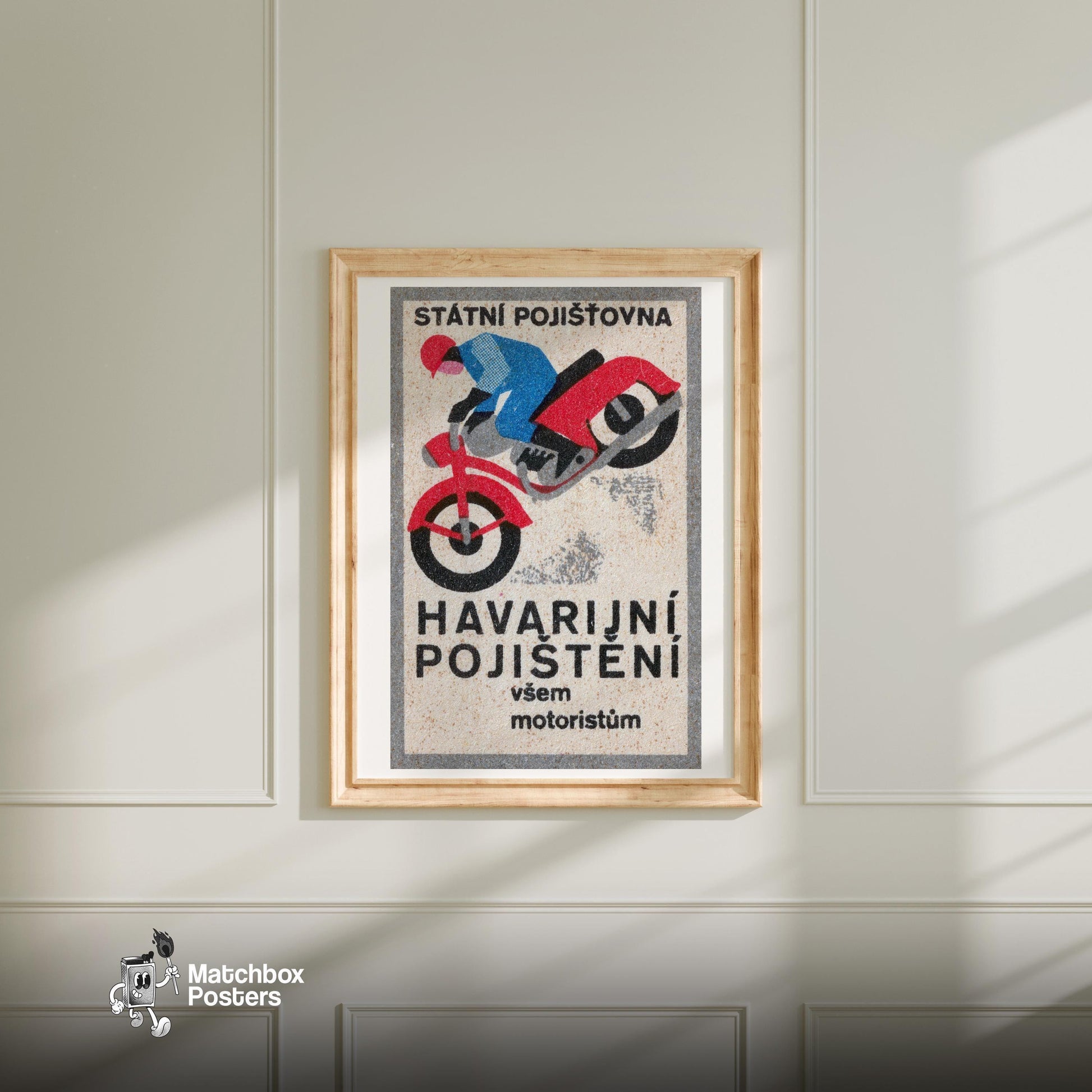 Motrocycle Crash - vintage matchbox label print - bedroom mockup