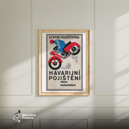 Motrocycle Crash - vintage matchbox label print - bedroom mockup