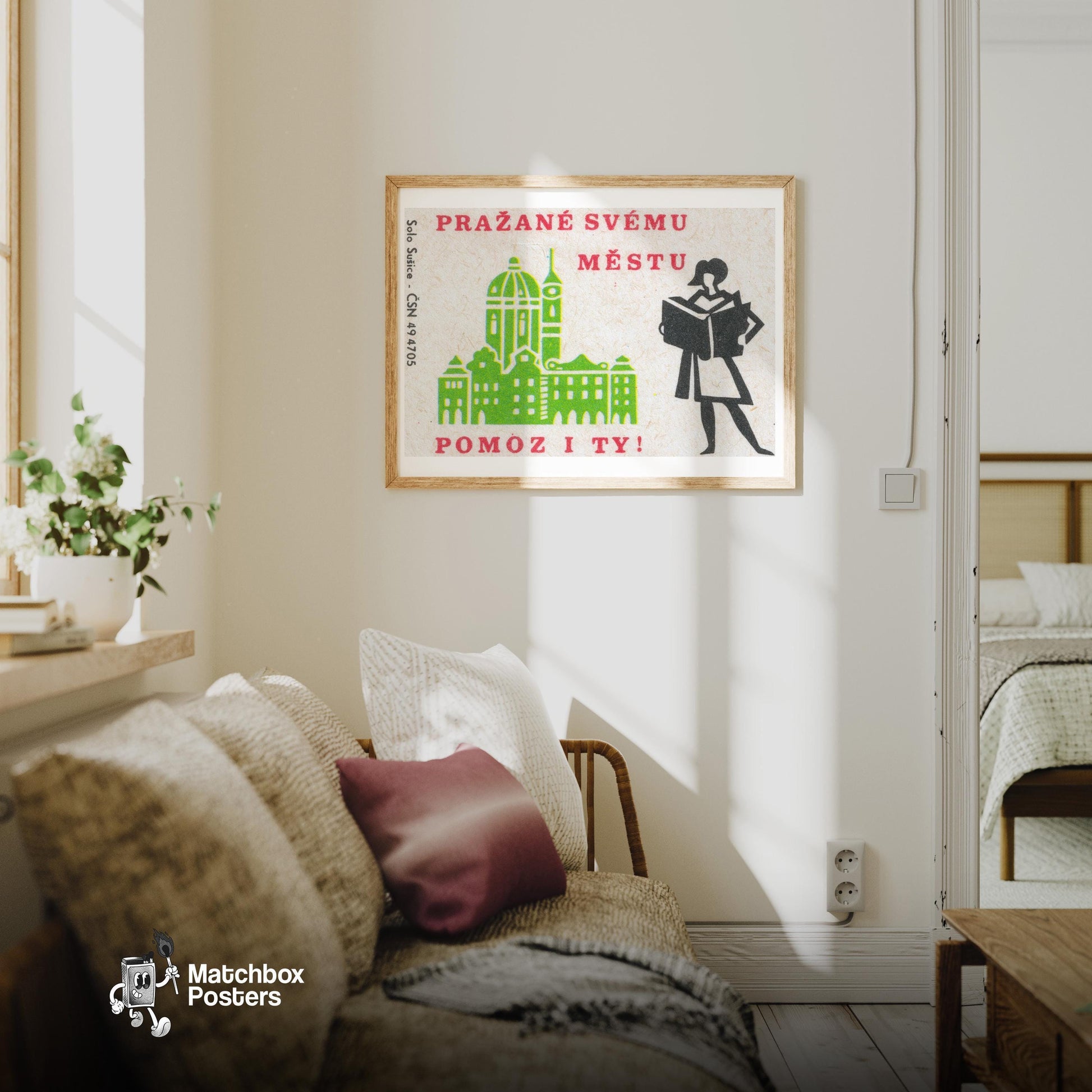 Help the City! - vintage matchbox label print - living room mockup