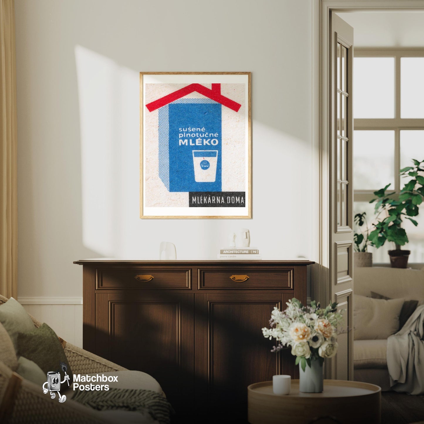 Glass Of Milk - vintage matchbox label print - living room mockup