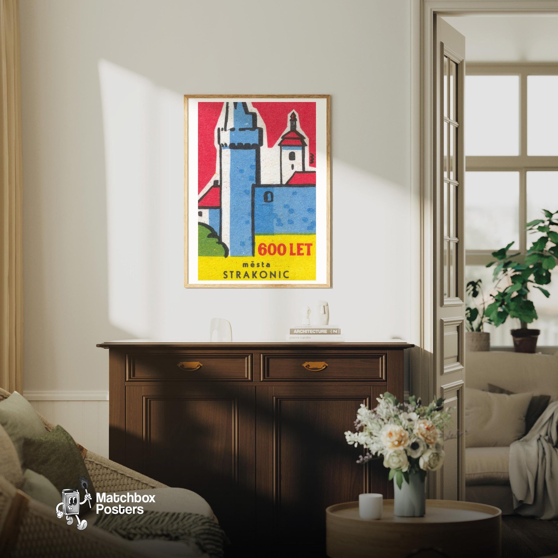 Strakonic Town 600 Years Old - vintage matchbox label print - living room mockup