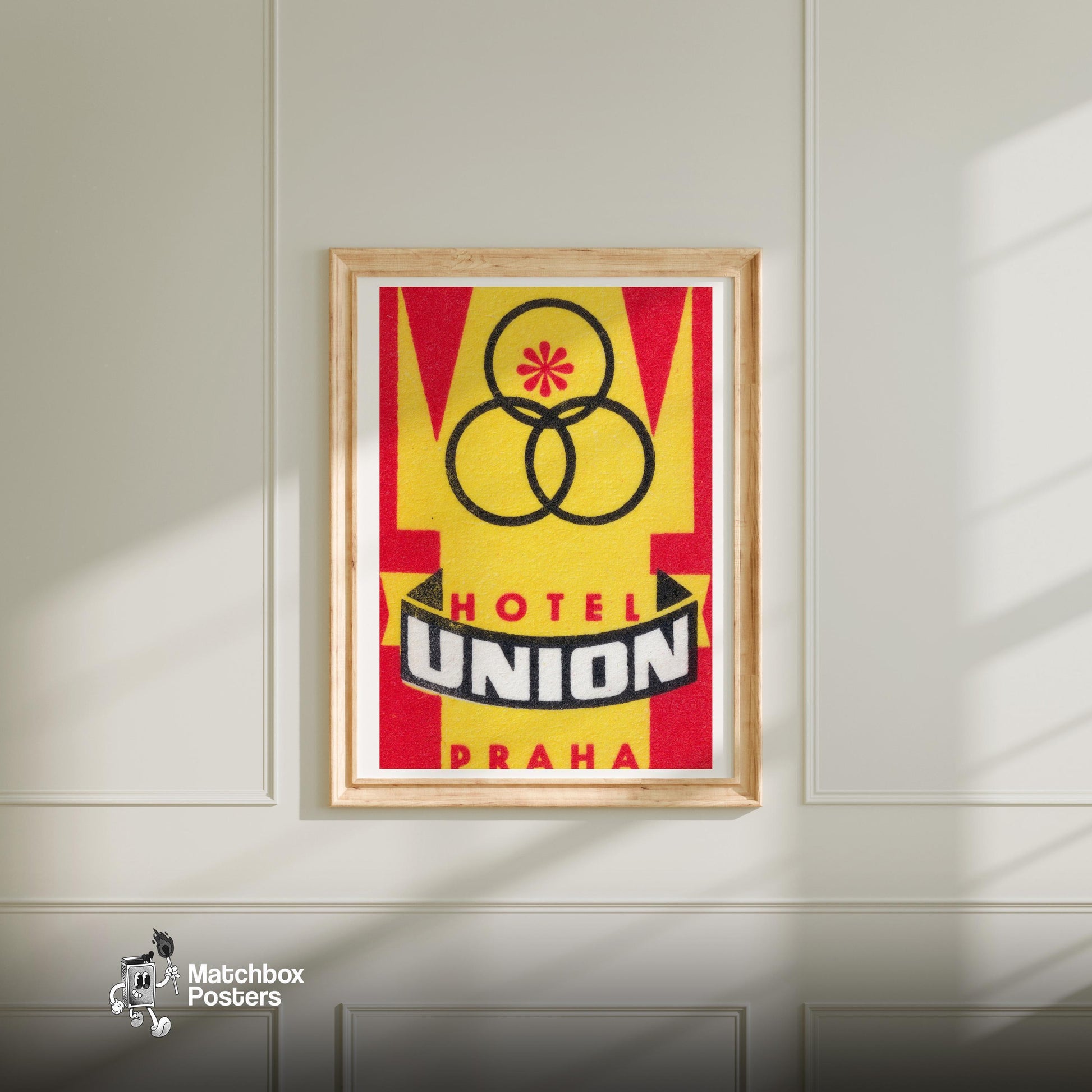Hotel Union Prague - vintage matchbox label print - bedroom mockup