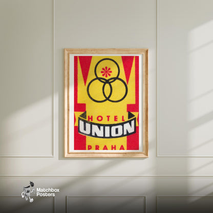Hotel Union Prague - vintage matchbox label print - bedroom mockup