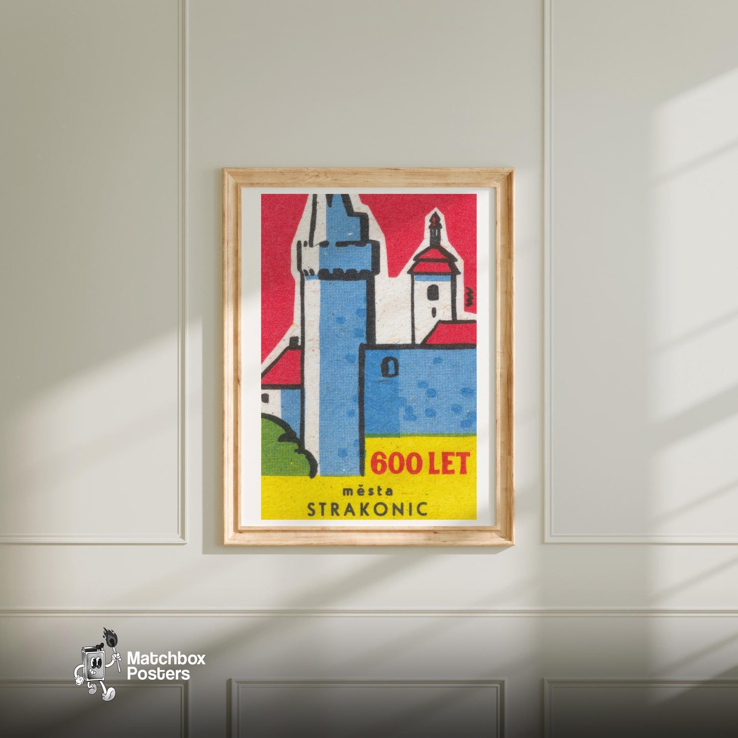 Strakonic Town 600 Years Old - vintage matchbox label print - bedroom mockup
