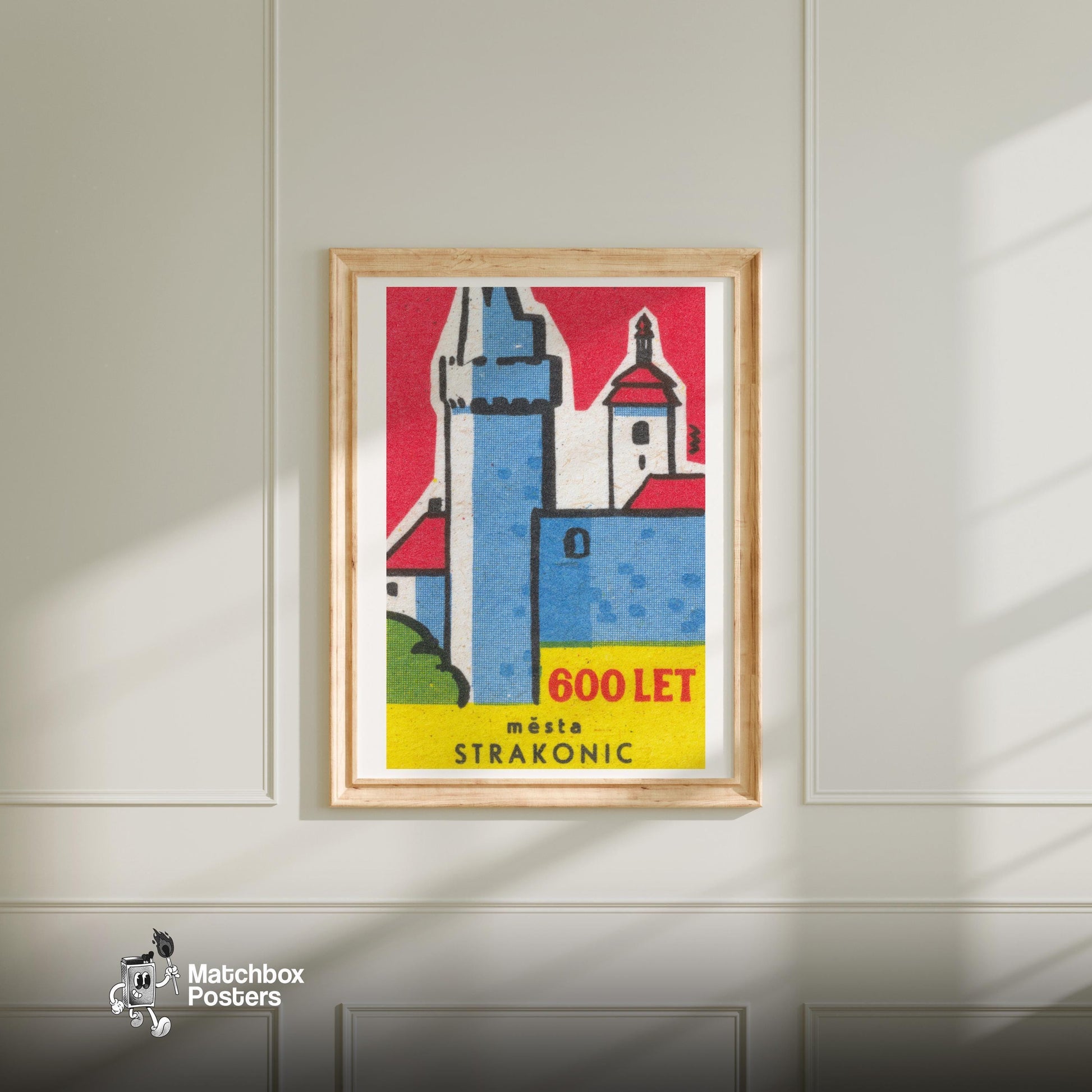 Strakonic Town 600 Years Old - vintage matchbox label print - bedroom mockup