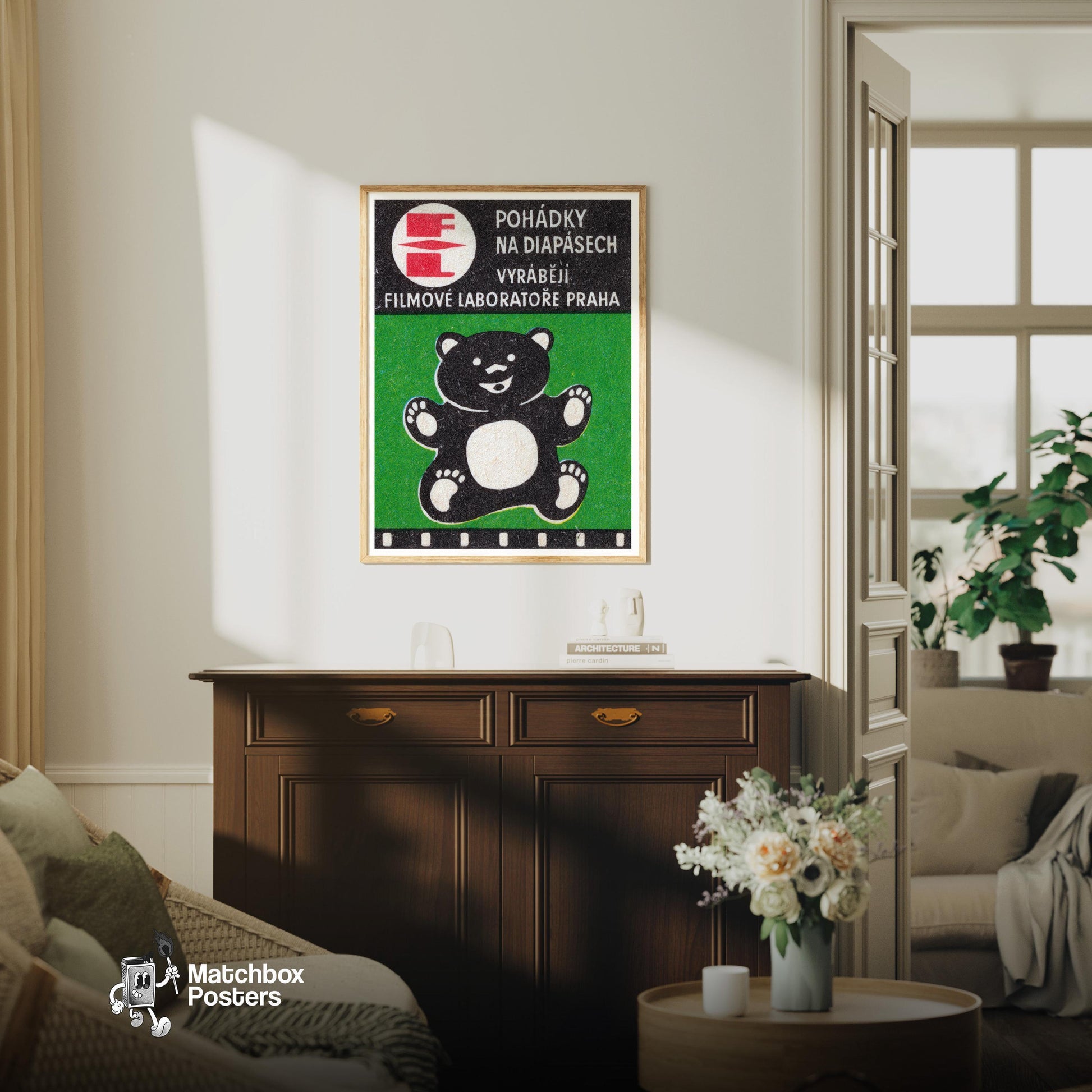 Black Bear - vintage matchbox label print - living room mockup