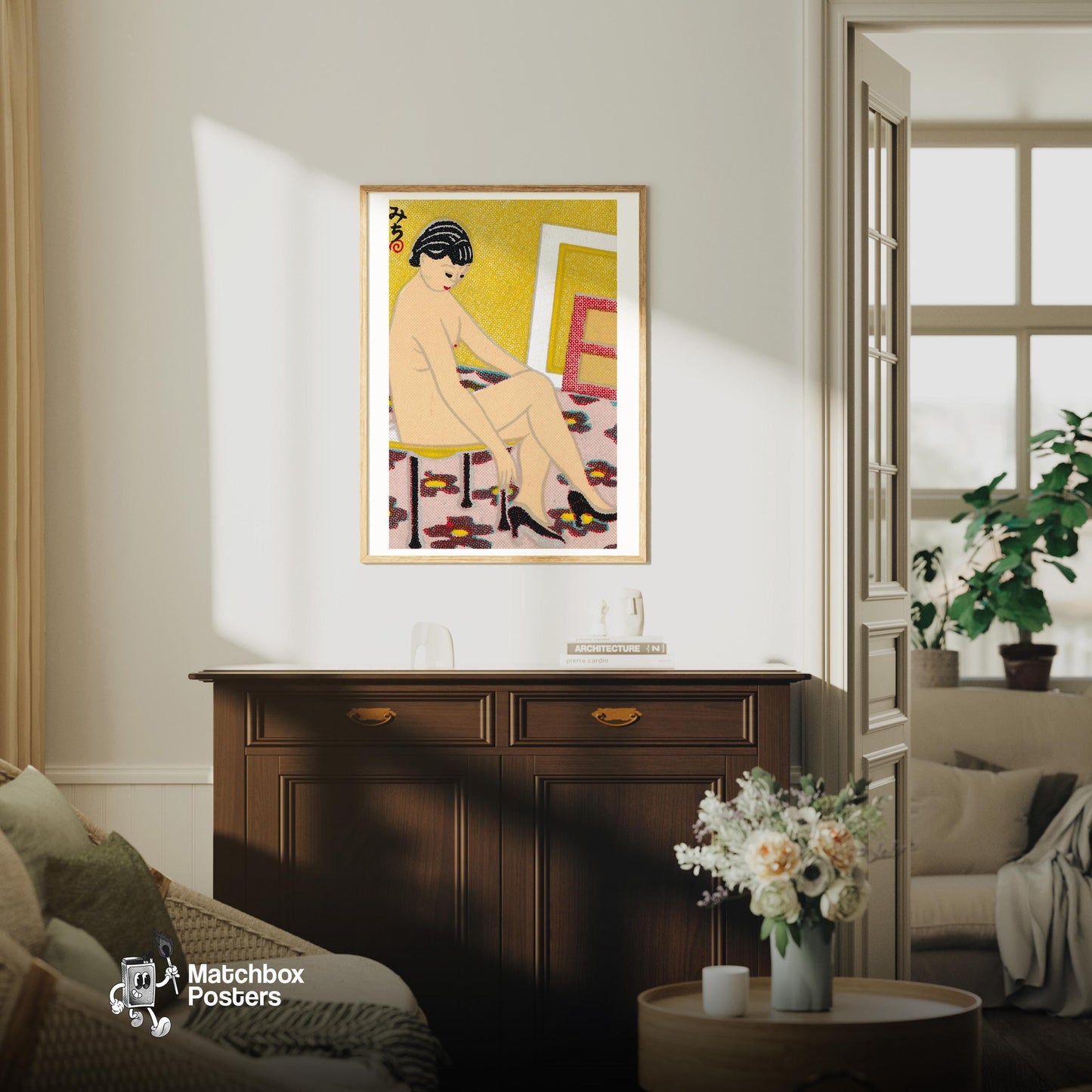 Japanese Woman - vintage matchbox label print - living room mockup