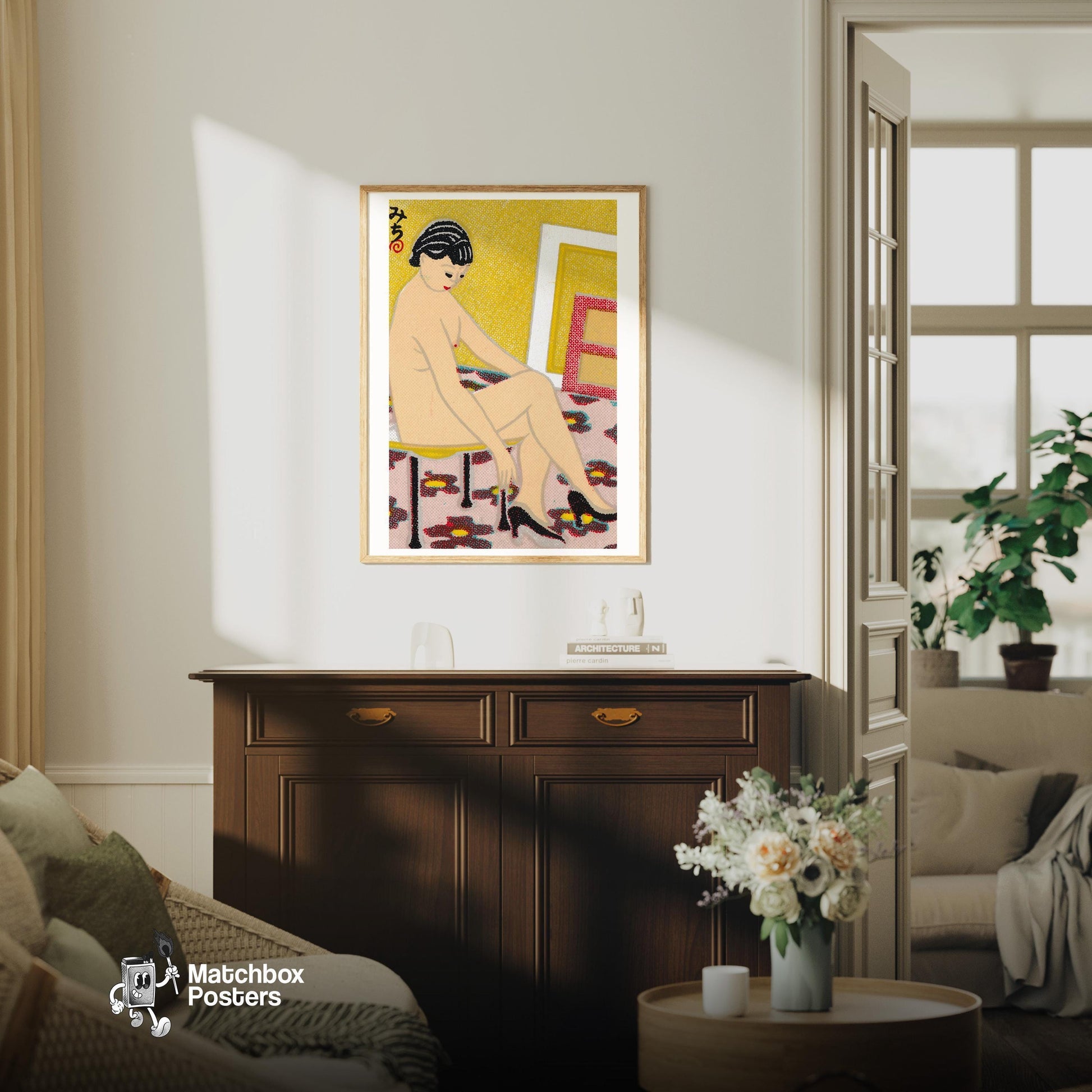 Japanese Woman - vintage matchbox label print - living room mockup