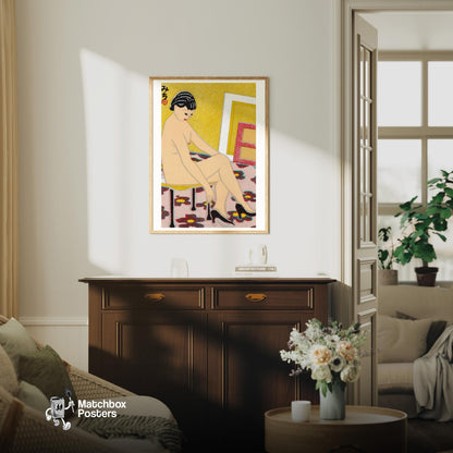 Japanese Woman - vintage matchbox label print - living room mockup