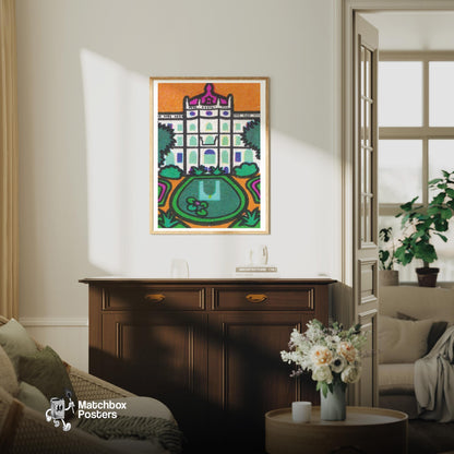 Ornate Building - vintage matchbox label print - living room mockup