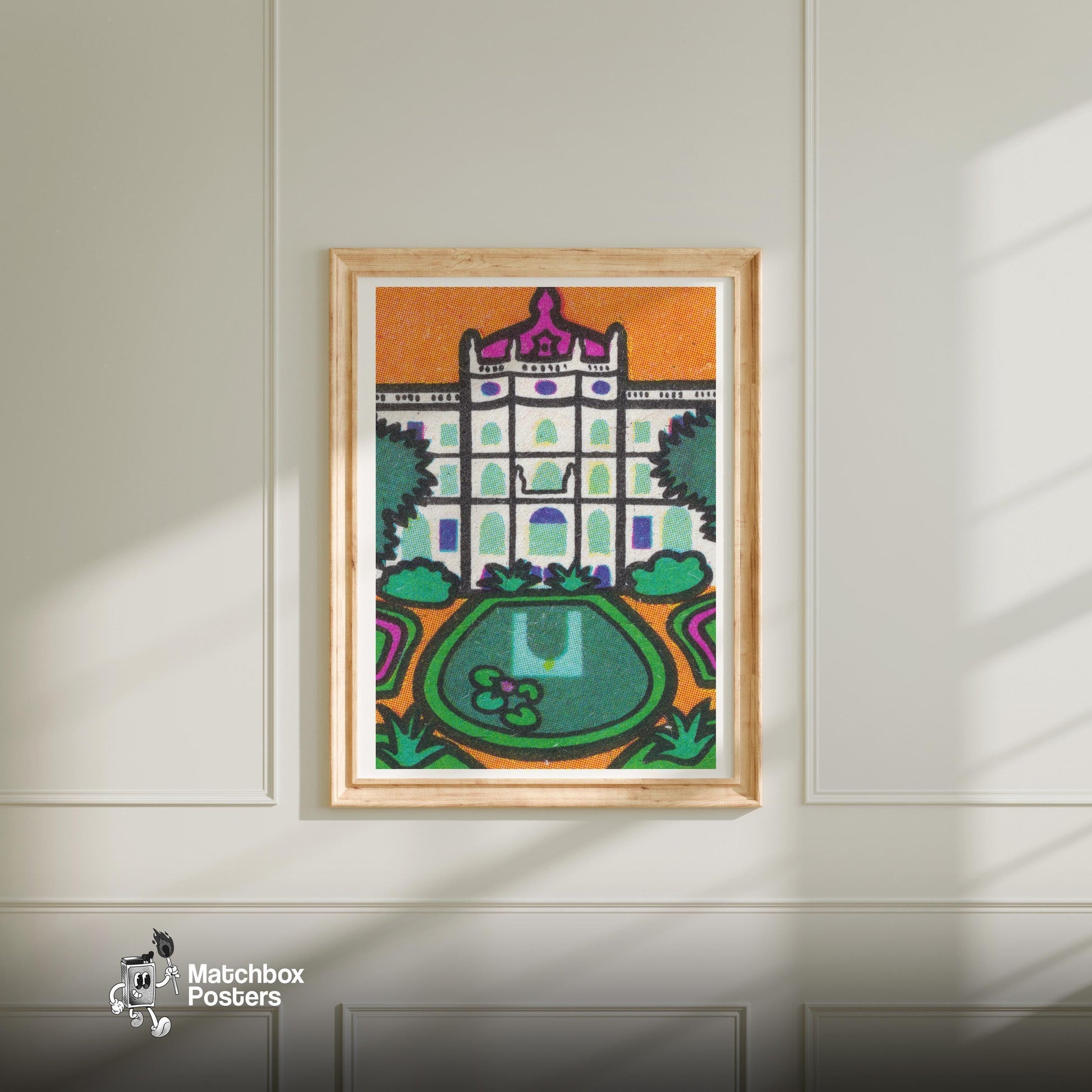 Ornate Building - vintage matchbox label print - bedroom mockup