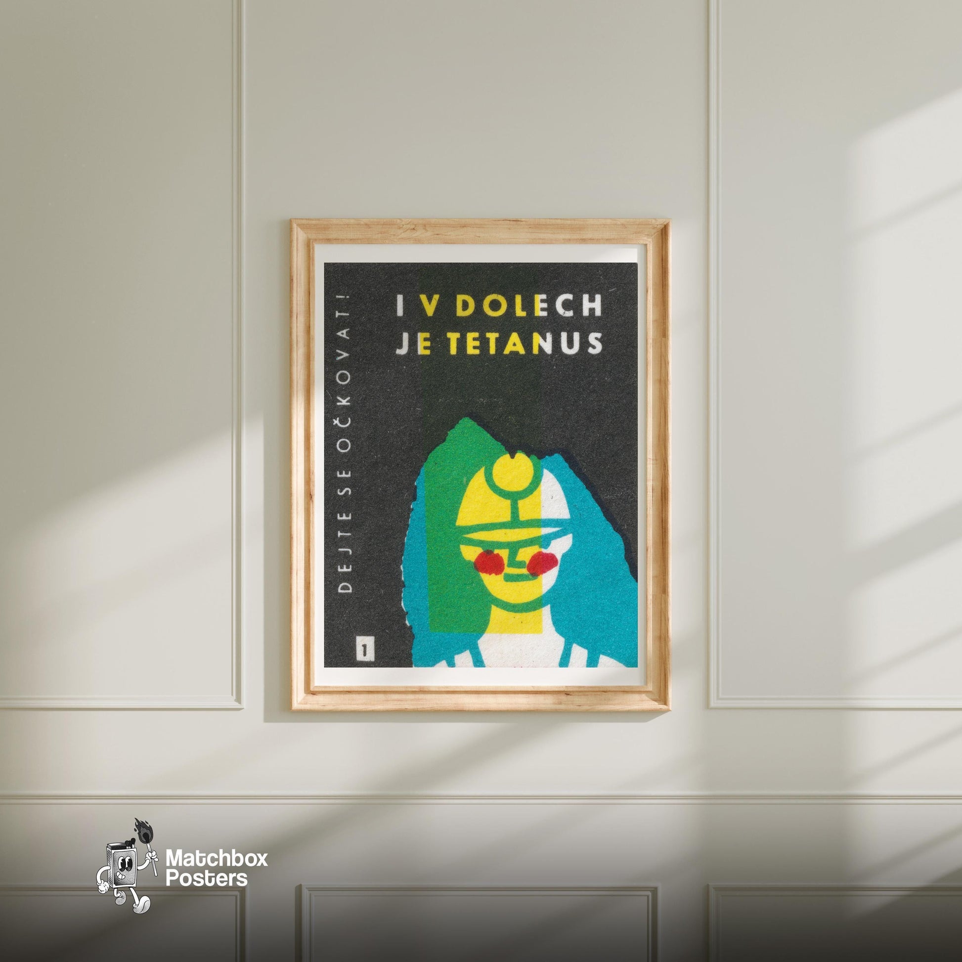 Beware Tetanus - vintage matchbox label print - bedroom mockup