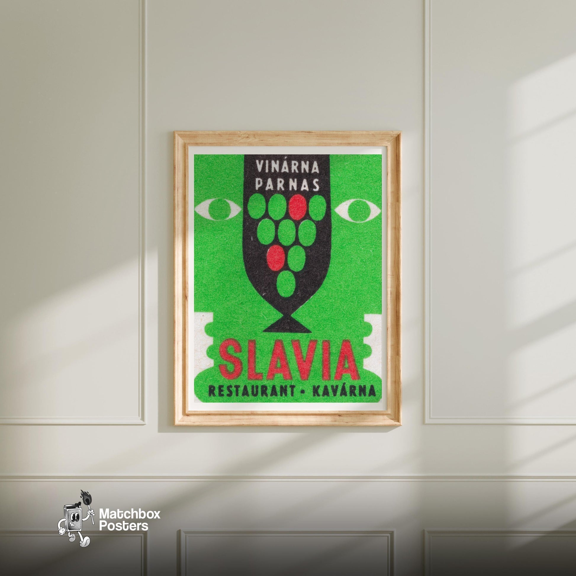 Slavia Restaurant Cafe - vintage matchbox label print - bedroom mockup