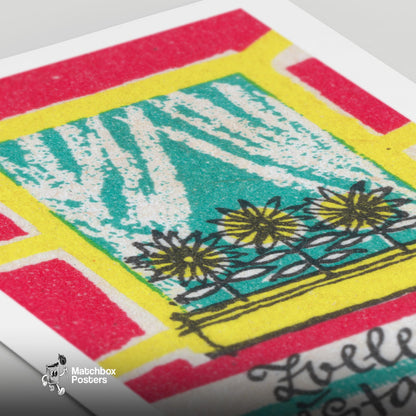 Sunflowers in Window - vintage matchbox label print - close-up detail