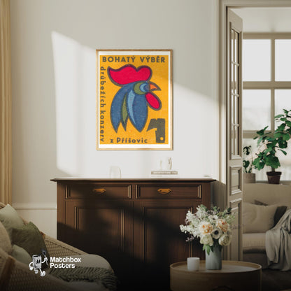 Rooster Head - vintage matchbox label print - living room mockup