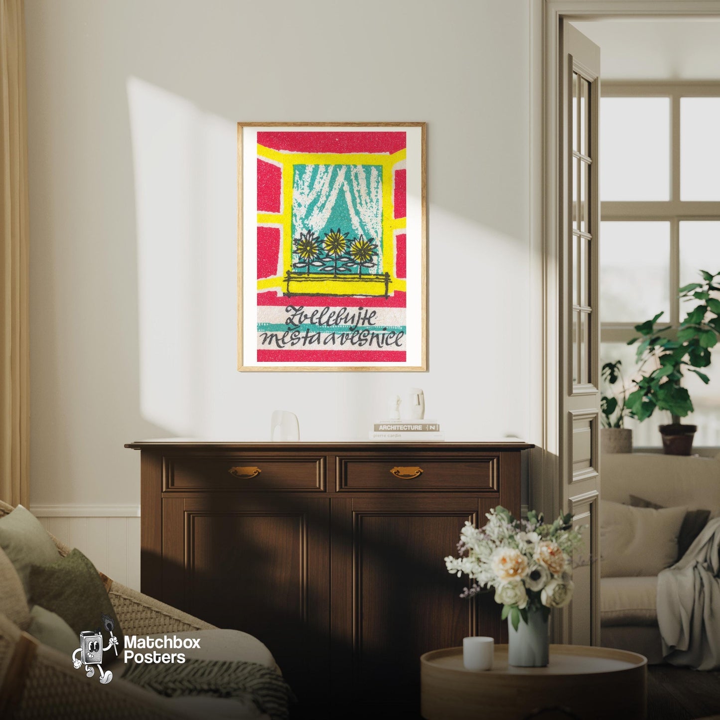 Sunflowers in Window - vintage matchbox label print - living room mockup