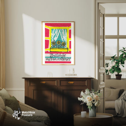 Sunflowers in Window - vintage matchbox label print - living room mockup