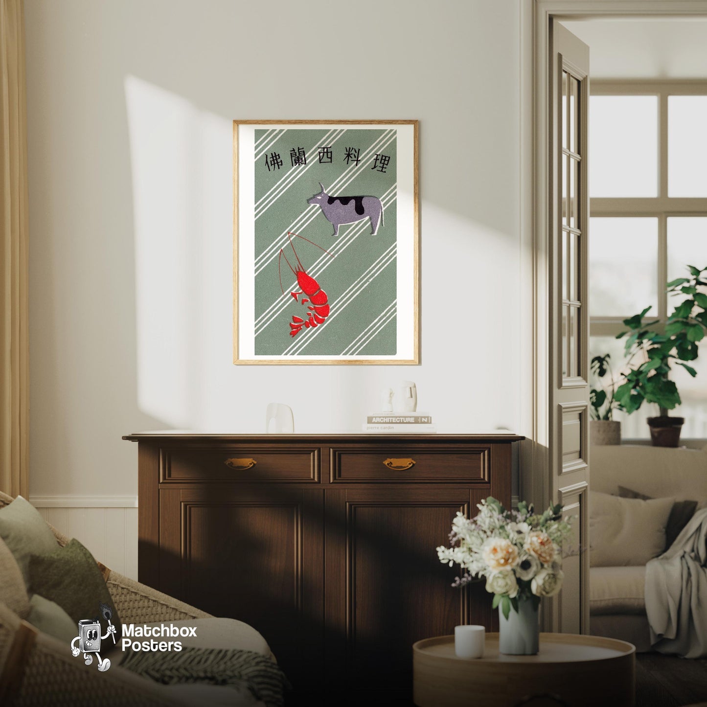 Shrimp and Cow - vintage matchbox label print - living room mockup