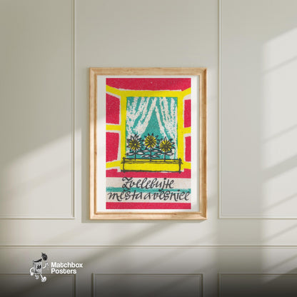 Sunflowers in Window - vintage matchbox label print - bedroom mockup