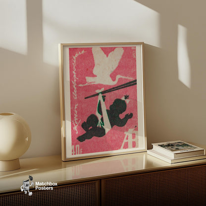 Stork and Baby - vintage matchbox label print - size comparison
