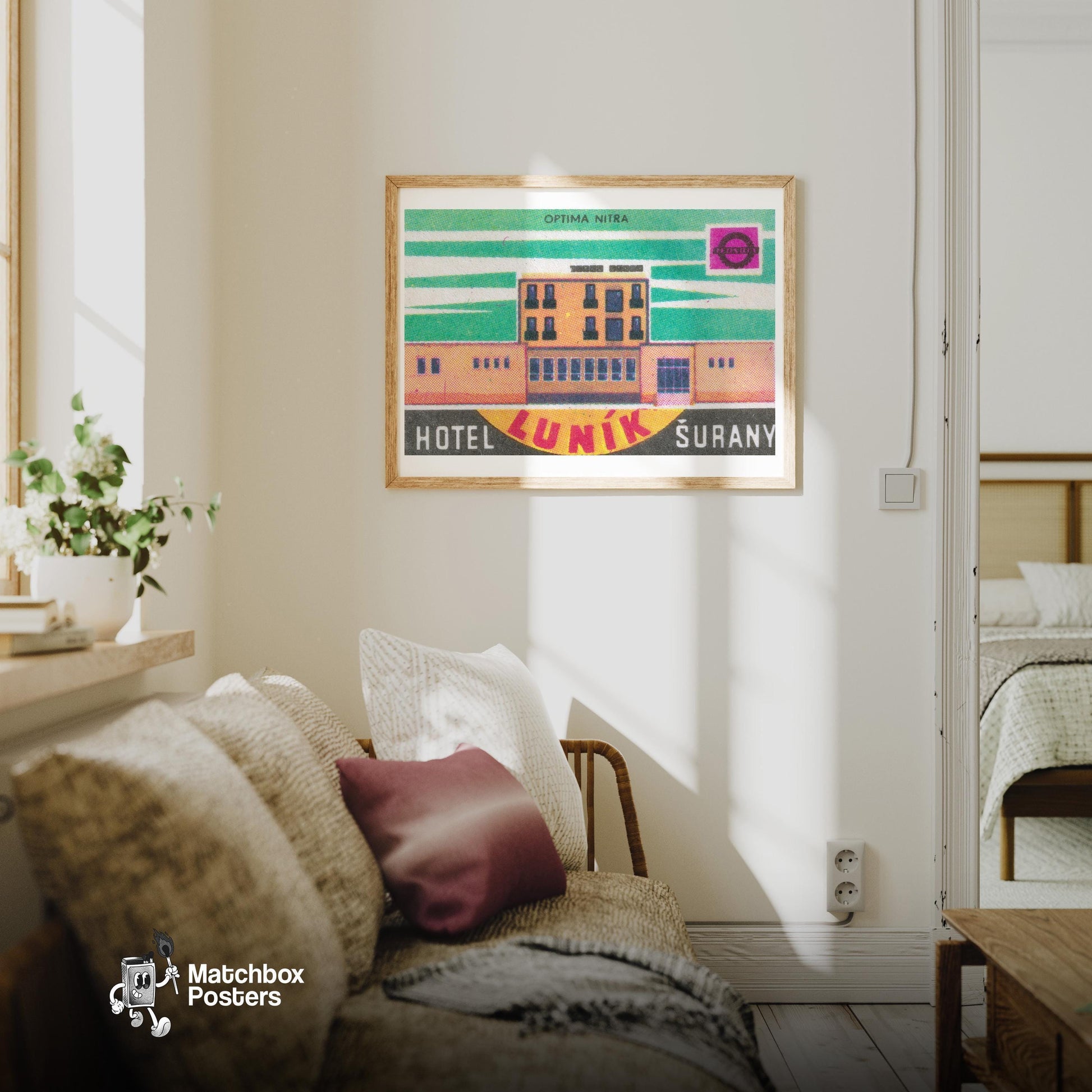 Hotel Lunik - vintage matchbox label print - living room mockup