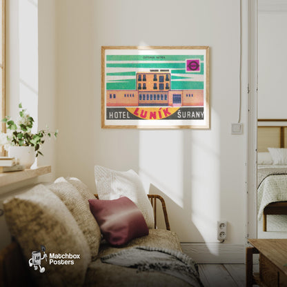 Hotel Lunik - vintage matchbox label print - living room mockup
