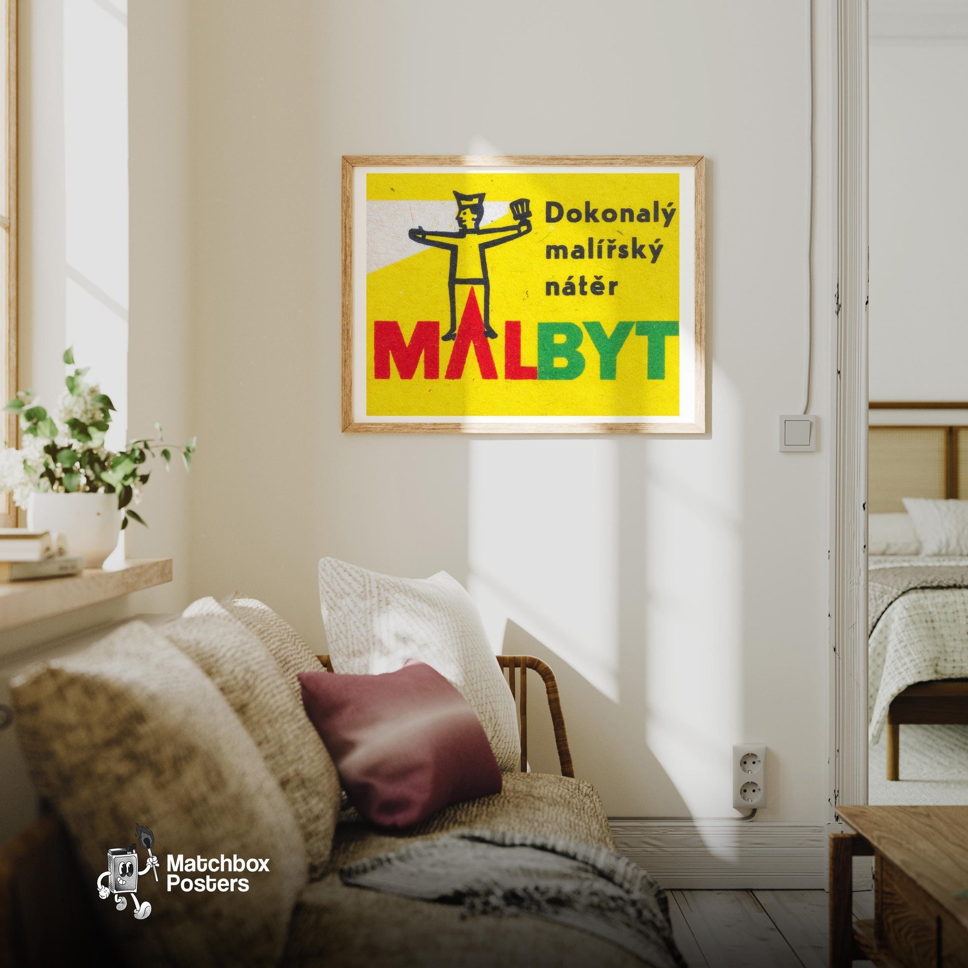 Painter with Paintbrush - vintage matchbox label print - living room mockup