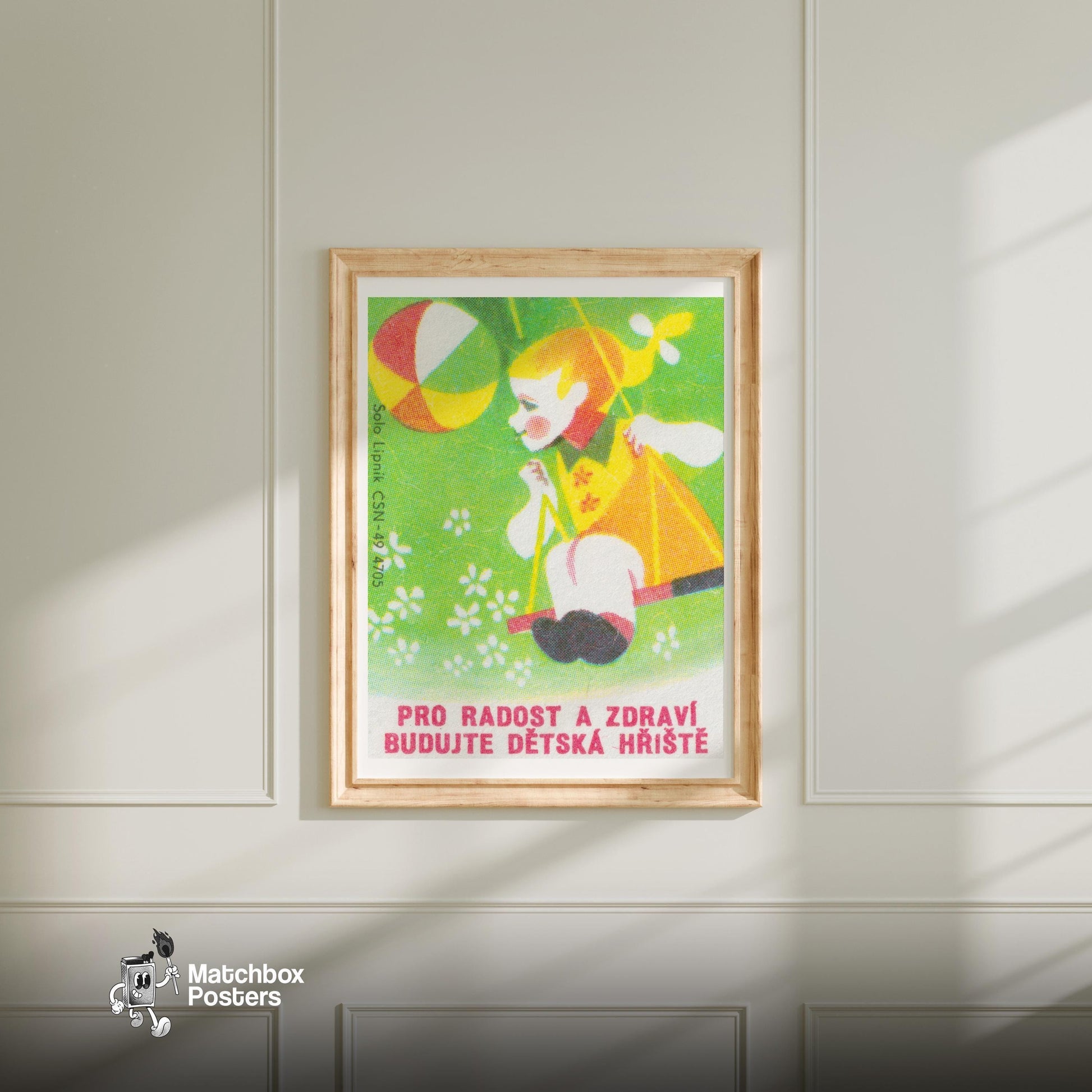 Child on Swing - vintage matchbox label print - bedroom mockup