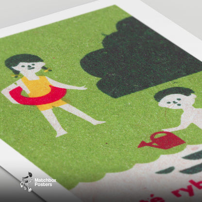 Children Playing - vintage matchbox label print - close-up detail
