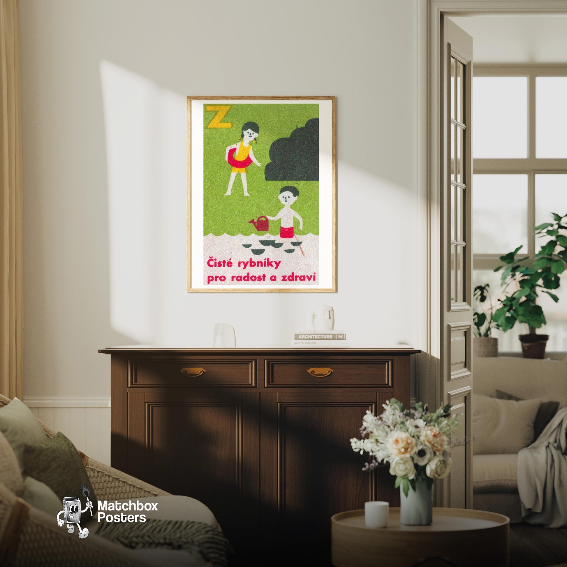 Children Playing - vintage matchbox label print - living room mockup
