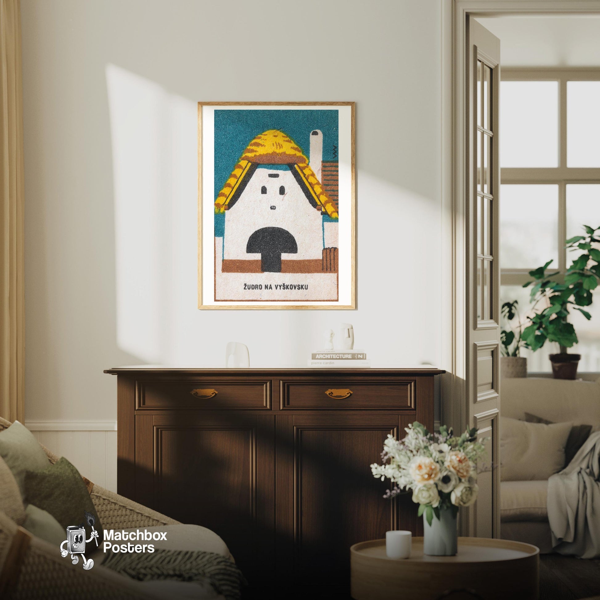 Thatched Roof Barn - vintage matchbox label print - living room mockup