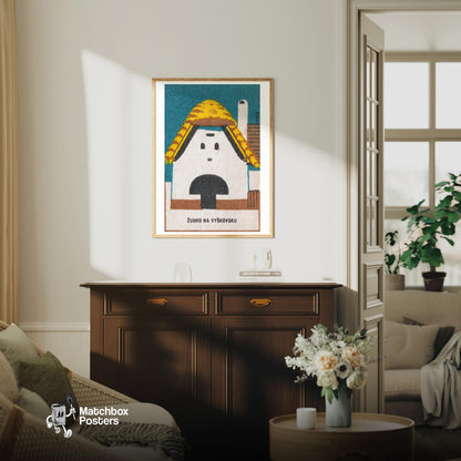 Thatched Roof Barn - vintage matchbox label print - living room mockup