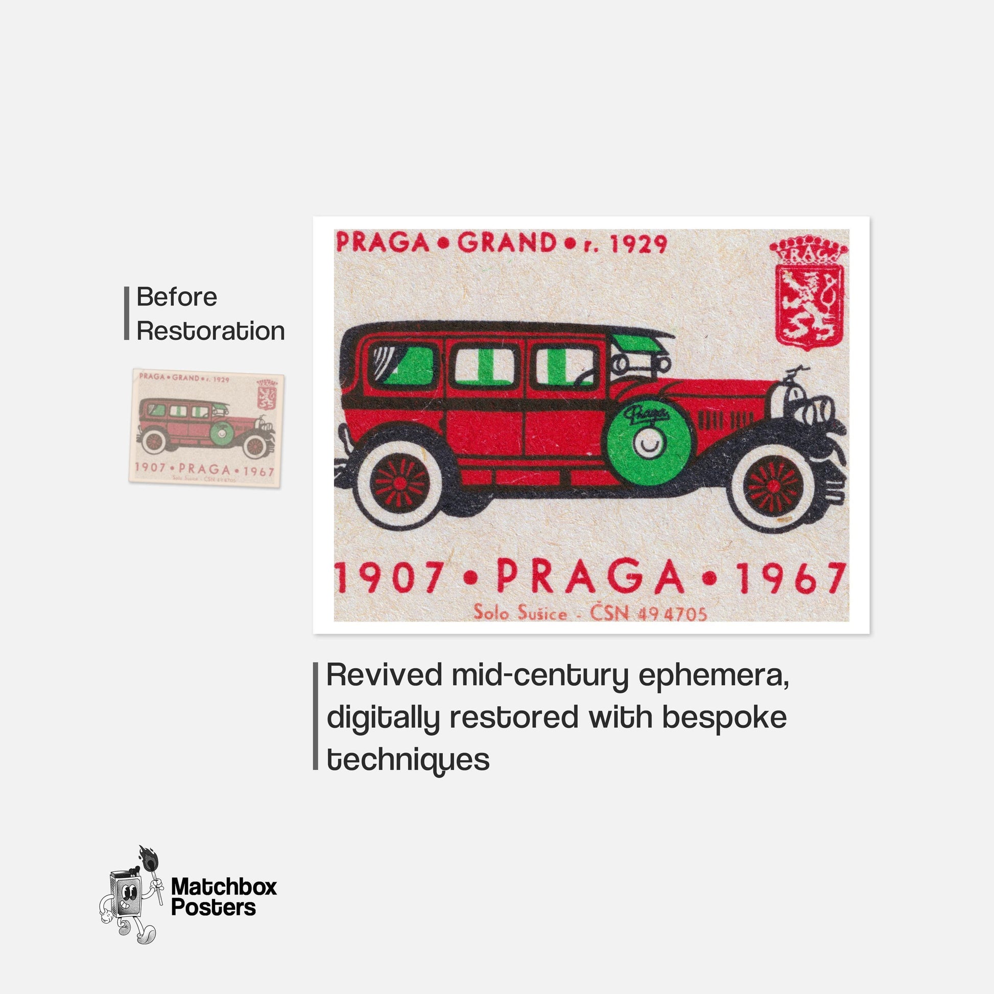 Long Red Car - vintage matchbox label print - framed wall art preview